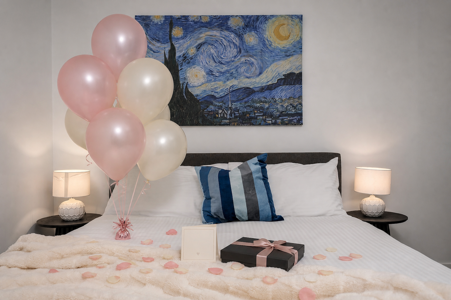 Lighthouse bedroom with understated balloons, chocolates and rose petals