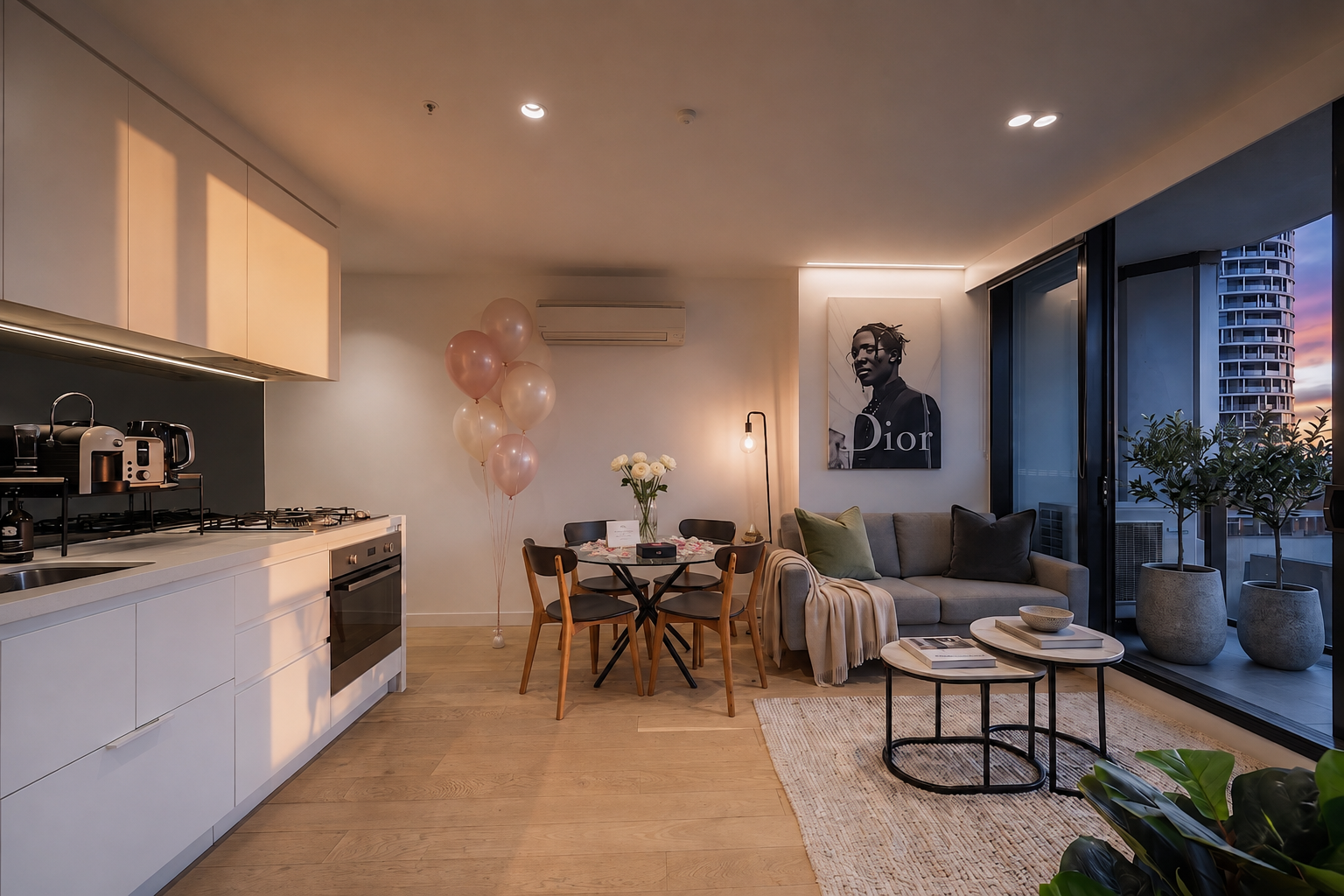 Lighthouse living room with a blush balloon cluster and celebration styling
