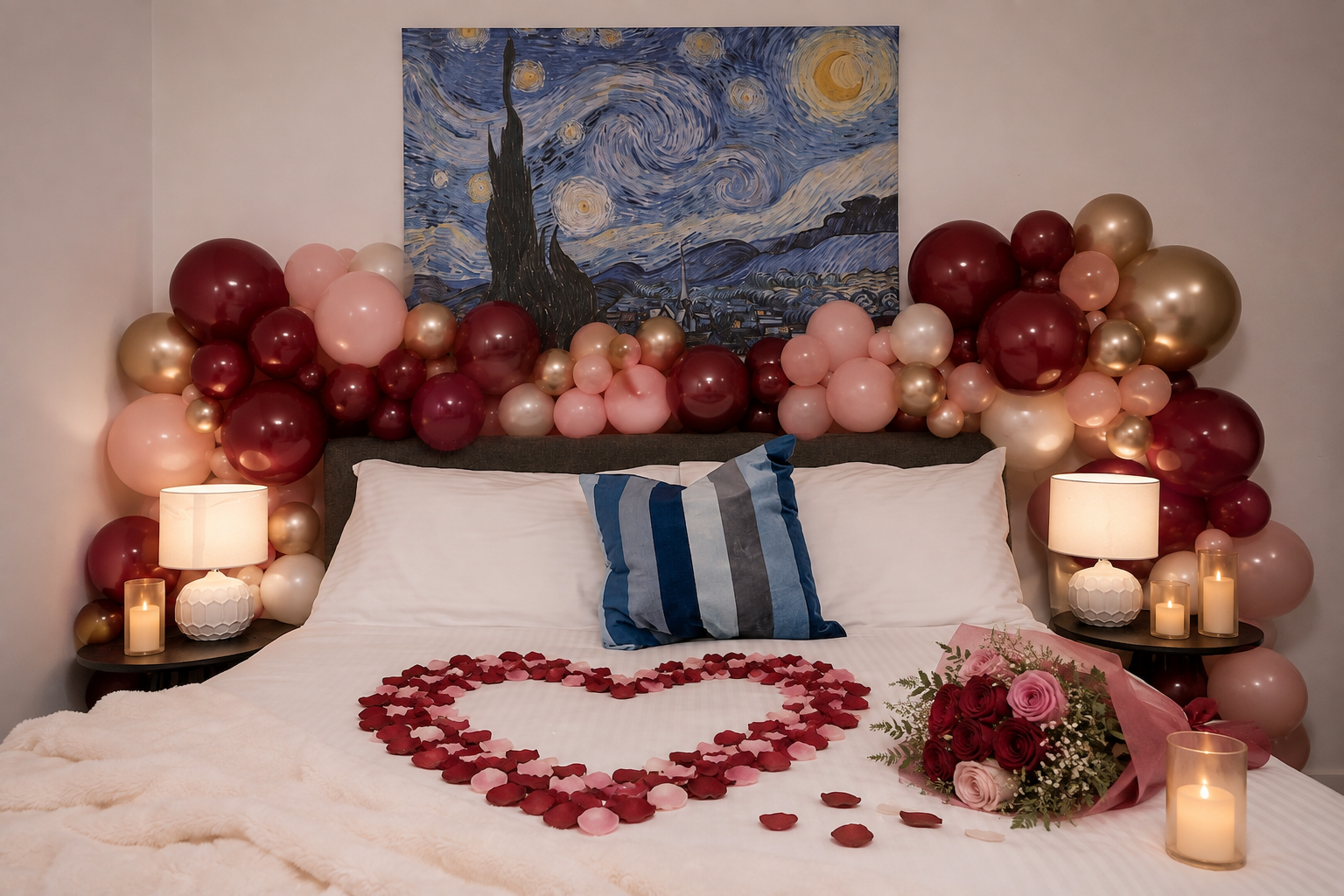 Lighthouse bedroom decorated with balloons, petals and candles