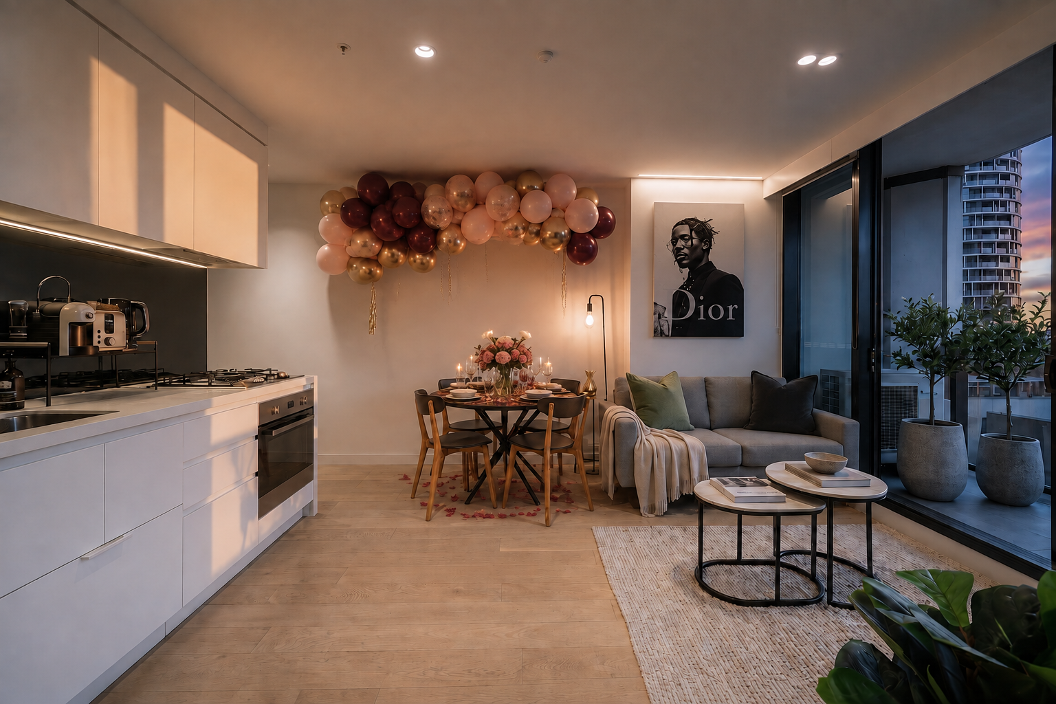 Lighthouse living room styled with statement balloons, florals and petals