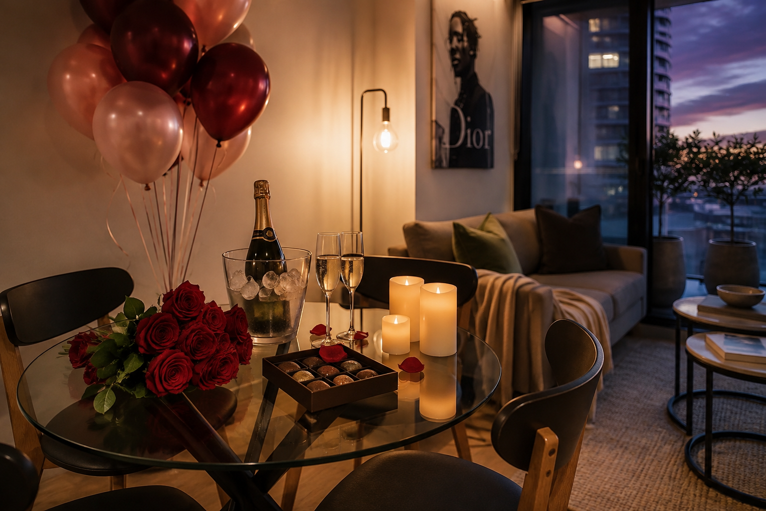 Wine, chocolates and candles set on the Lighthouse dining table