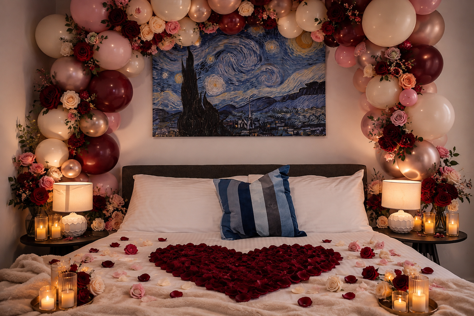 Lighthouse bedroom with luxury floral, balloon and candle styling