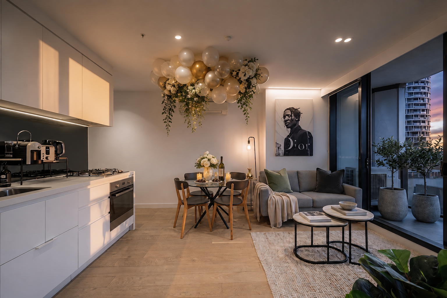 Lighthouse living room transformed with premium balloons, florals and candles