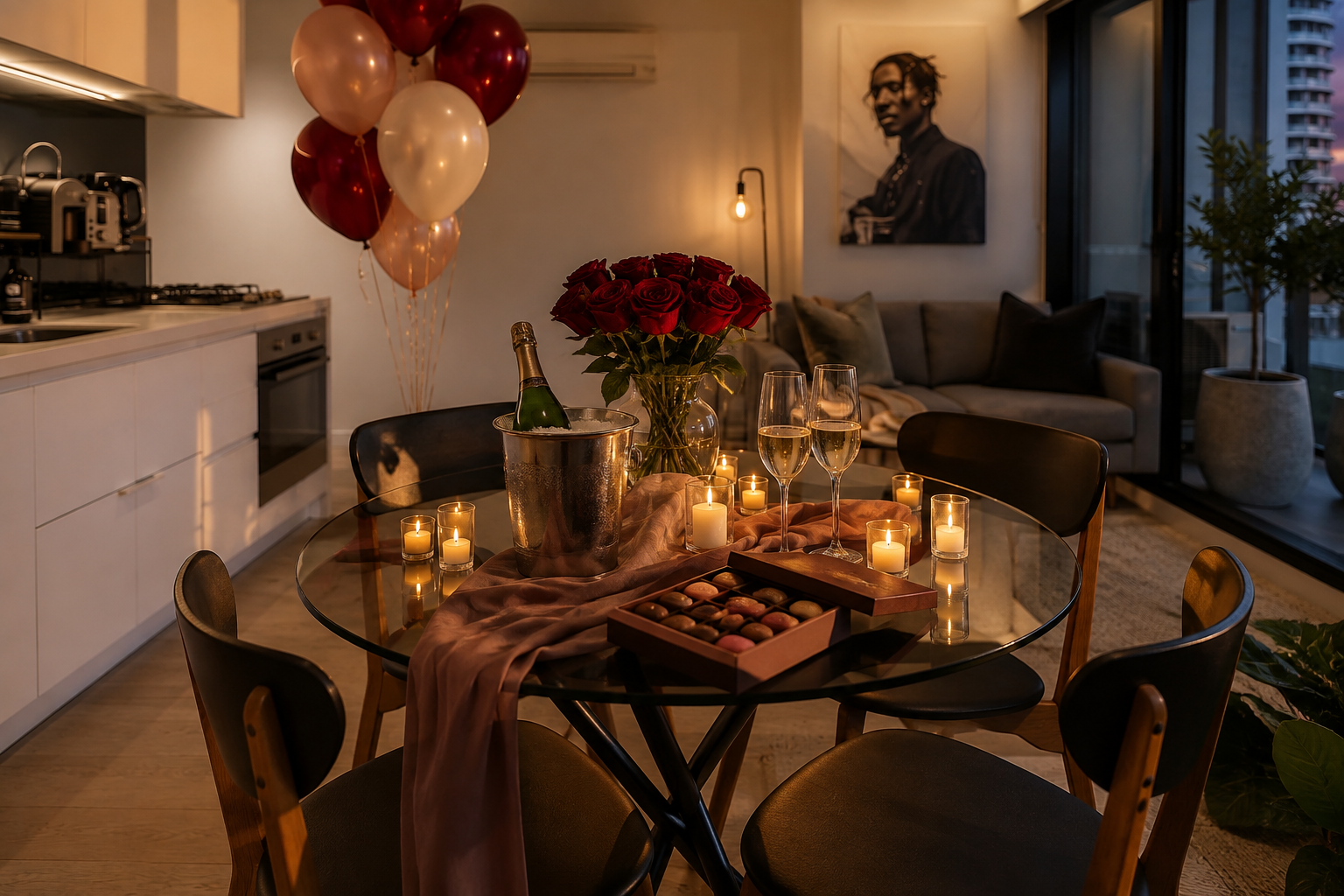 Luxury wine, chocolates and candle setting on the Lighthouse dining table